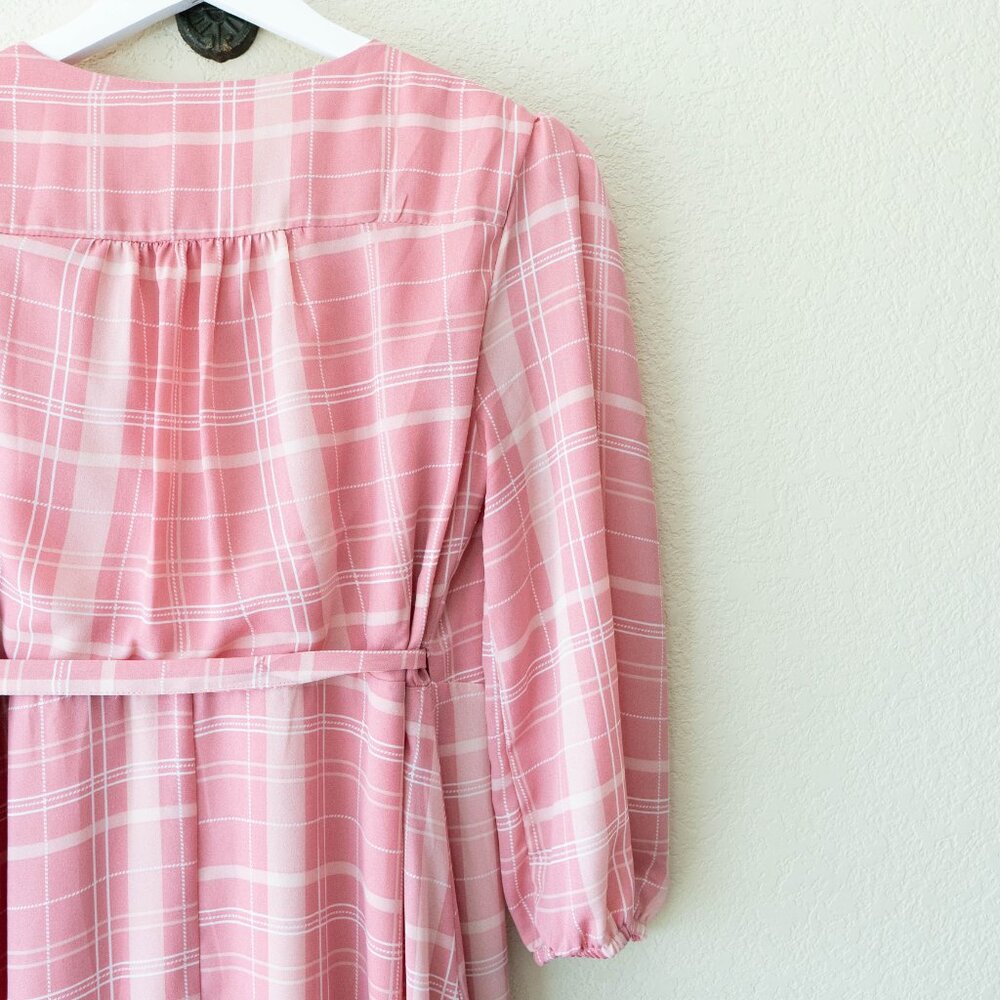 Mi Ami Pink Plaid Wrap Dress Womens M Ruffle Hem Midi Cottagecore Puff Sleeve - Picture 10 of 13